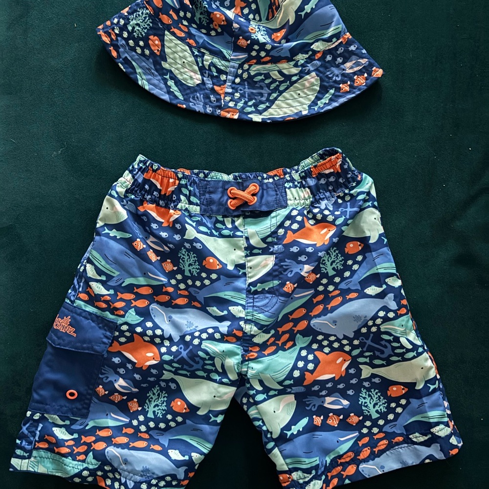 Skinz Boys Blue Swim Shorts with Orange Accents